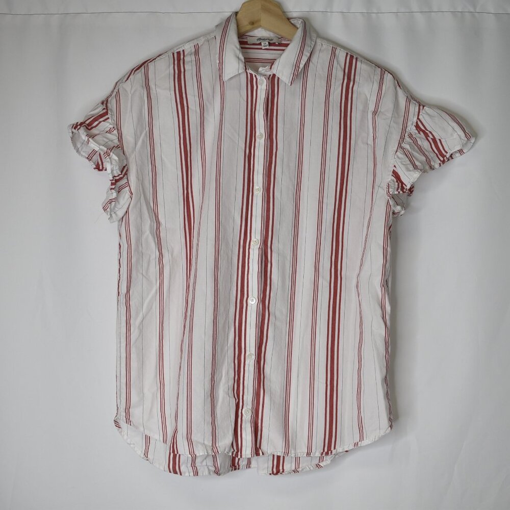 Madewell Women's Top Button Up Striped Central Ruffle Sleeve White Red